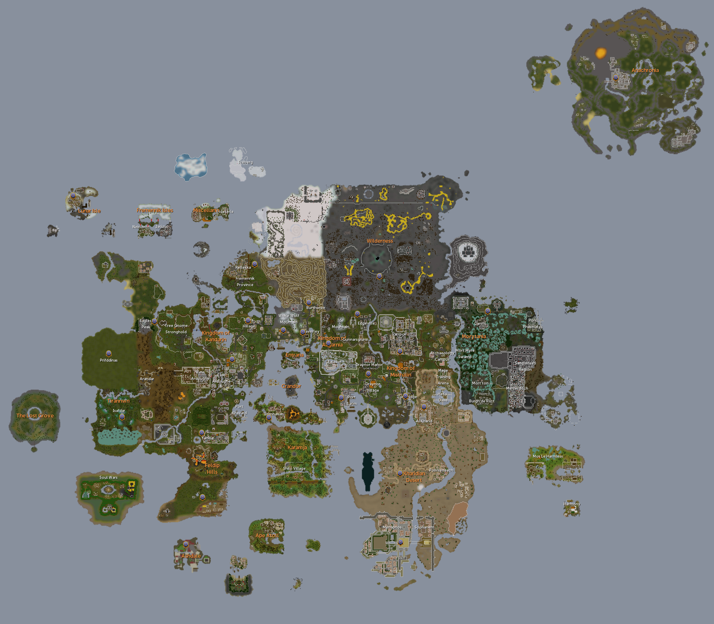 The RuneScape World map. Click on a location to view the wiki article.