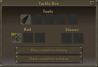 The Beginner's tackle box's main interface, showing the equipment and bait it is storing.