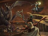 A group of players fighting the dragon as depicted in art.