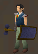 A player wielding a Mithril sq shield.