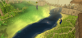 A player fishing in the Shilo Village river.