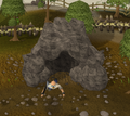 A miner jumping out of the cave.