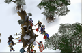 Players working together to cut down an evil holly tree